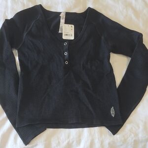 Free People Black Waffle-Knit Henley Crop Top